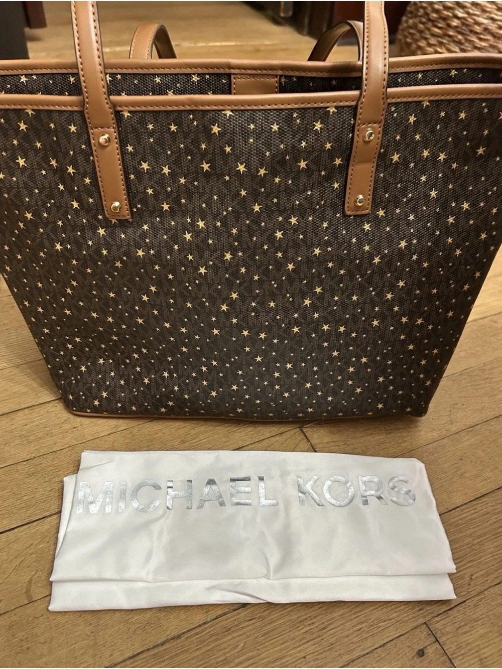 Michael Kors Brown Tote with Gold Star Print